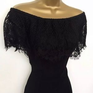 Lipsy Pencil Bodycon Dress 12 Black Lace Bardot Shoulder Evening Party Occasion